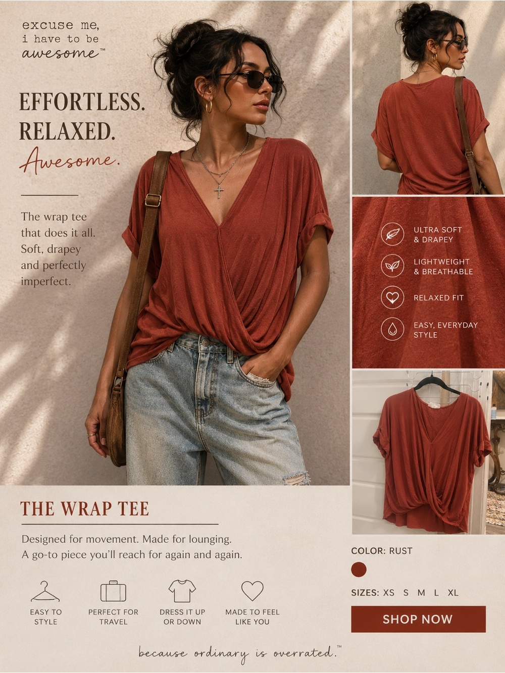 Relaxed Rust Wrap V-Neck Tee - Women’s Short Sleeve
